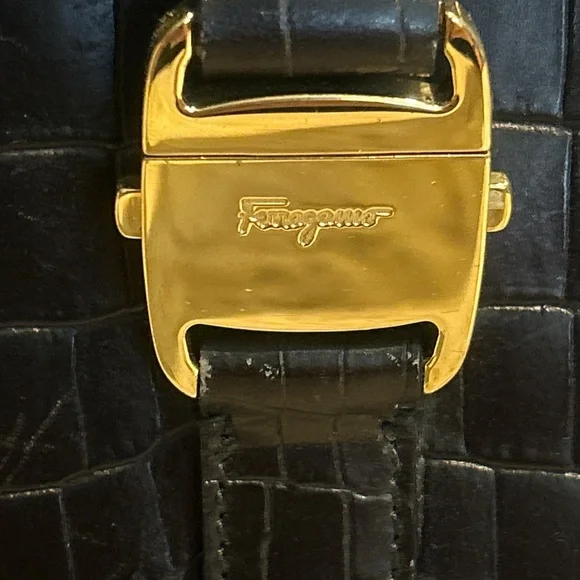 Salvatore Ferragamo Gancini Embossed Square Handbag (Black) - Picture 2 of 11